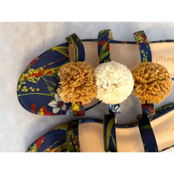 J. McLaughlin Mandy Floral Pom Pom Sandals Slides‎ Size 8 Leather Blue Raffia - Picture 3 of 5